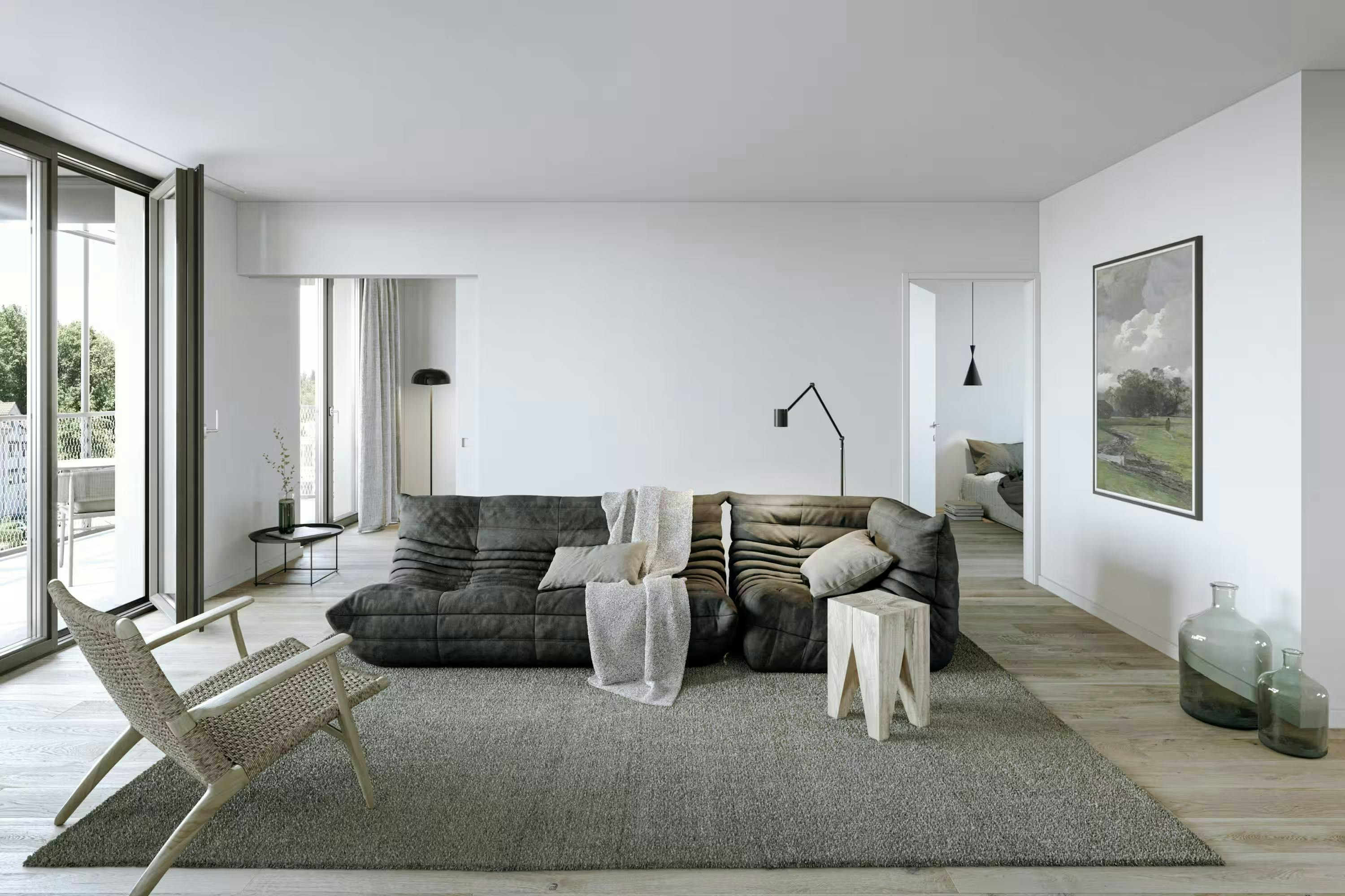 echt3D 3D-Visualisierung Portfolio Innenvisualisierung anspruchsvolles minimalistisches Wohnzimmer