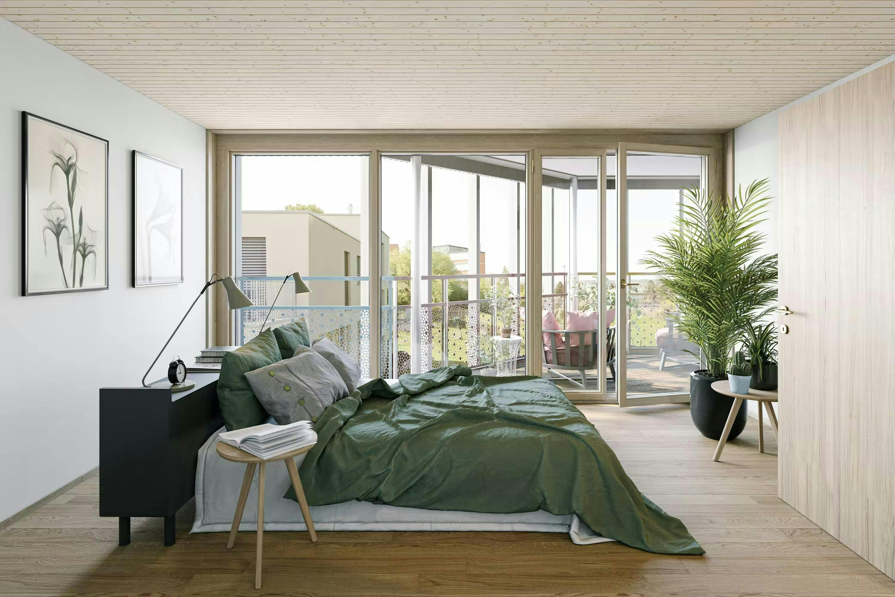 echt3D 3D-Visualisierung Portfolio Innenvisualisierung moderne Wohnung Schlafzimmer mit Terrasse