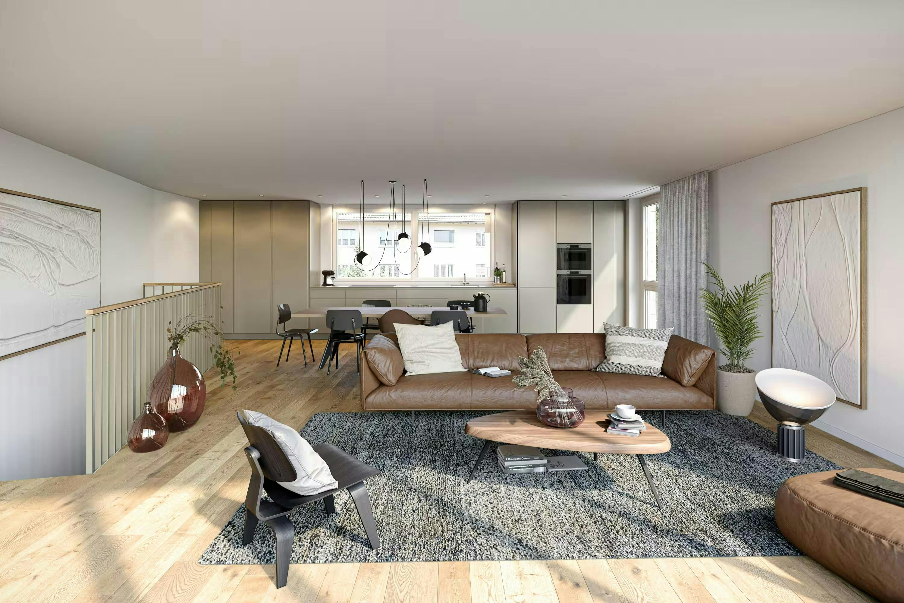 echt3D 3D-Visualisierung Portfolio Innenvisualisierung Wohnzimmer mit Küche und Esszimmer