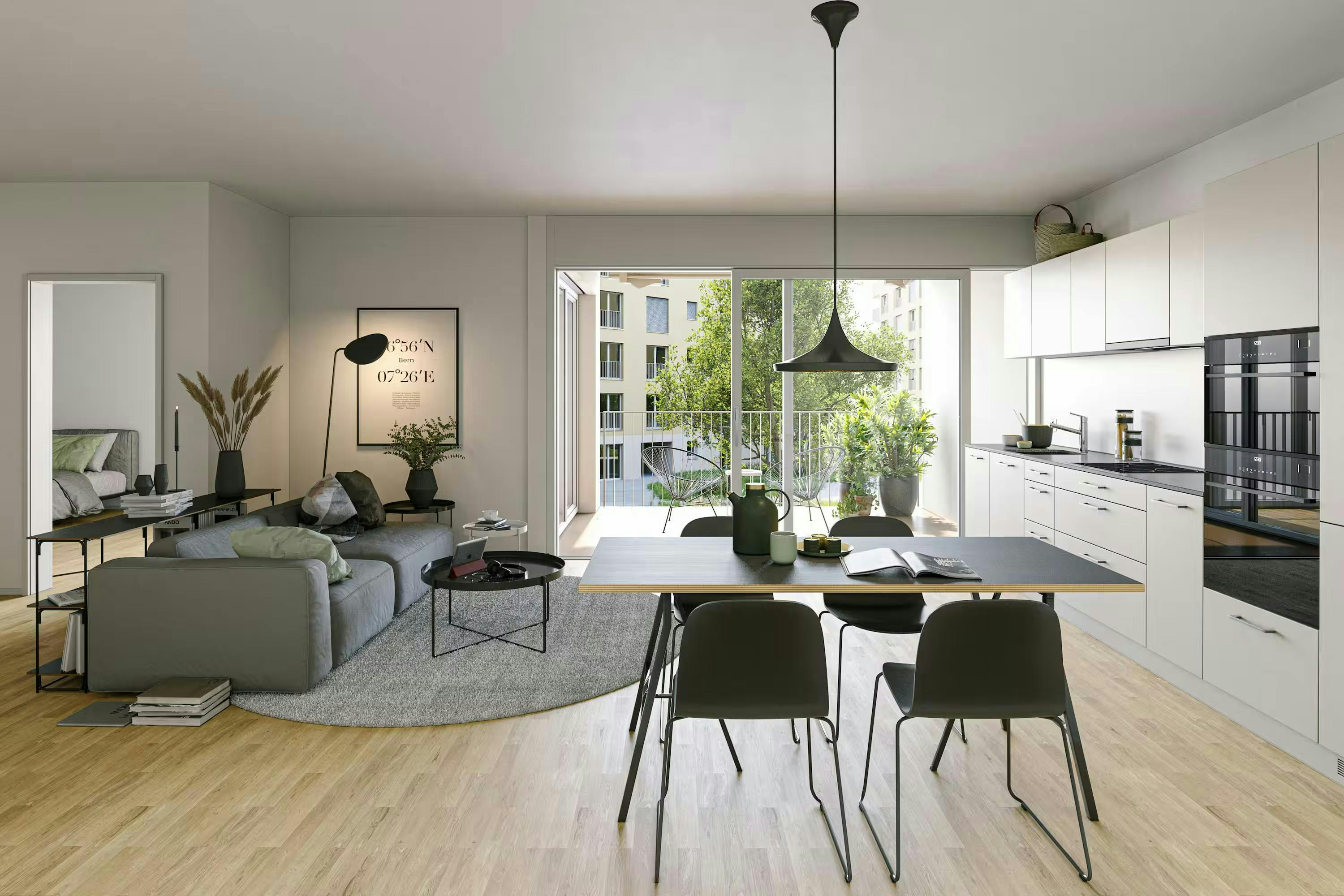 echt3D 3D-Visualisierung Portfolio Innenvisualisierung Wohnzimmer mit Küche und Esszimmer