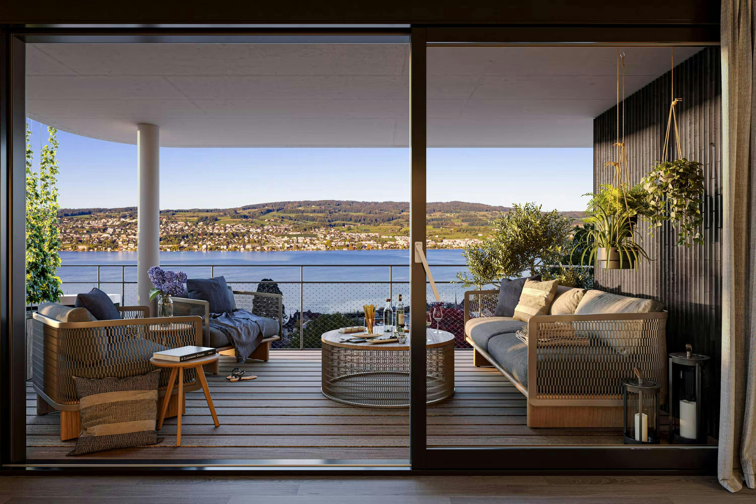 echt3D 3D-Visualisierung Portfolio Innenvisualisierung Lounge in der Terrasse mit dem Blick zum See