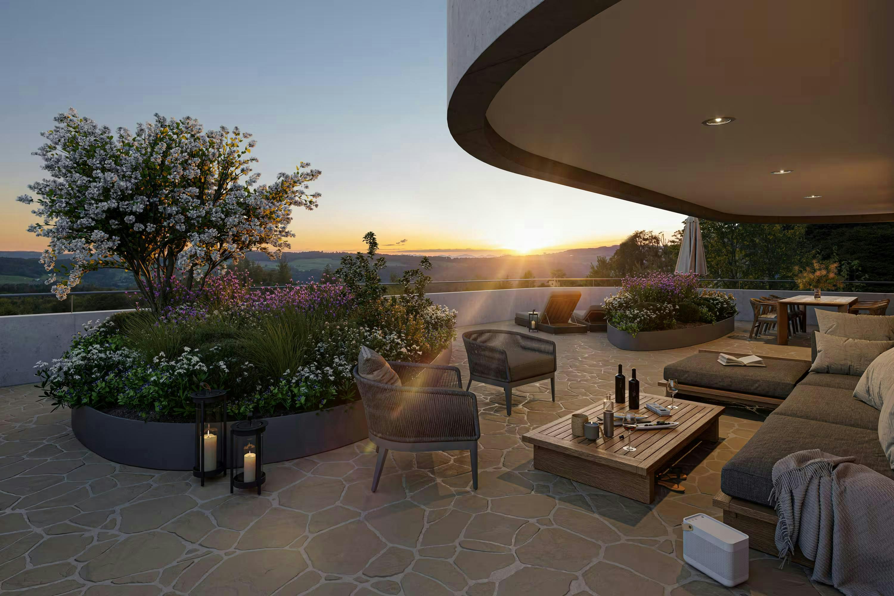 echt3D 3D-Visualisierung Portfolio Aussenvisualisierung romantische Terrasse beim Sonnenuntergang