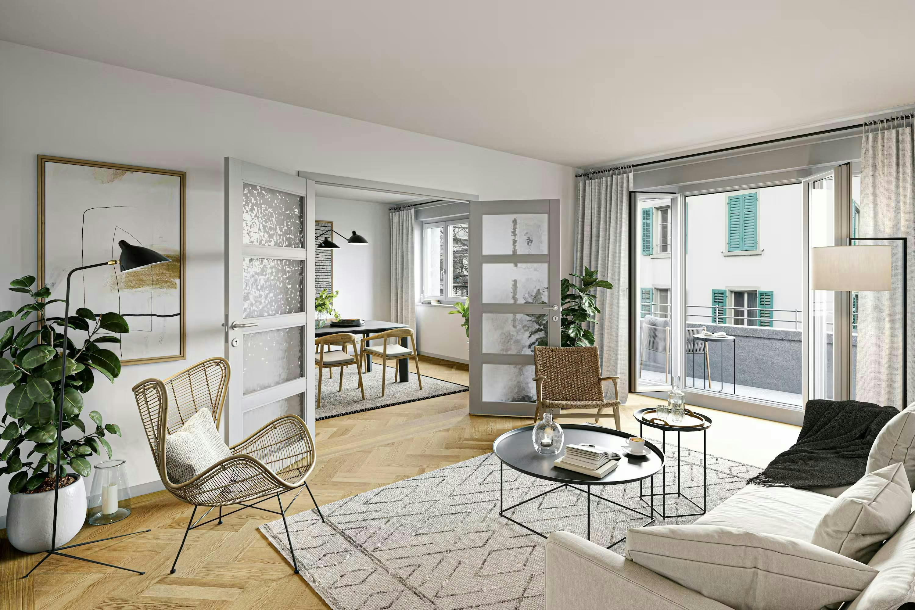 echt3D 3D-Visualisierung Portfolio Innenvisualisierung anspruchvolles Wohnzimmer in neutraler Farbe