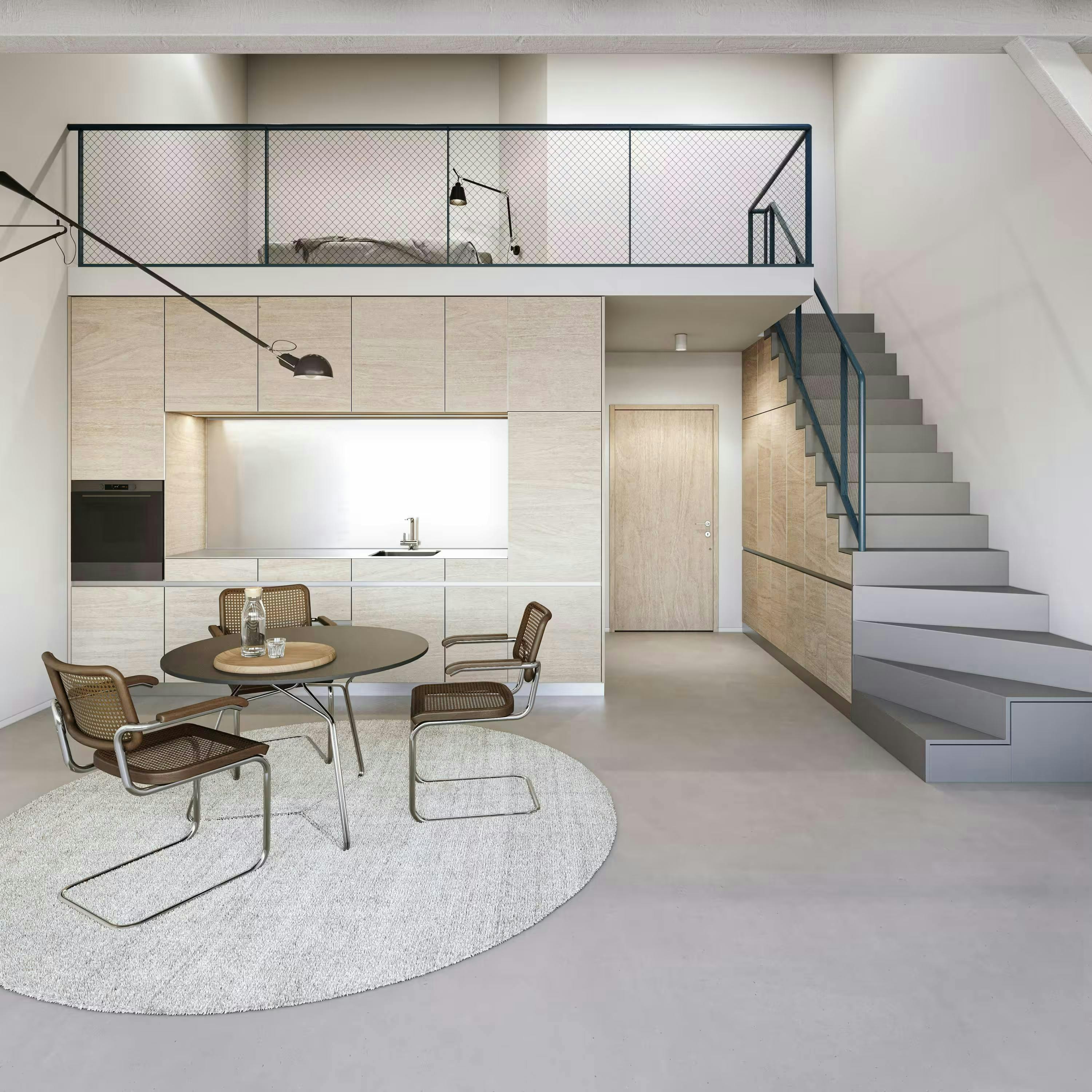 echt3D 3D-Visualisierung Portfolio Innenvisualisierung anspruchsvolles minimalistisches Wohnzimmer mit Küche