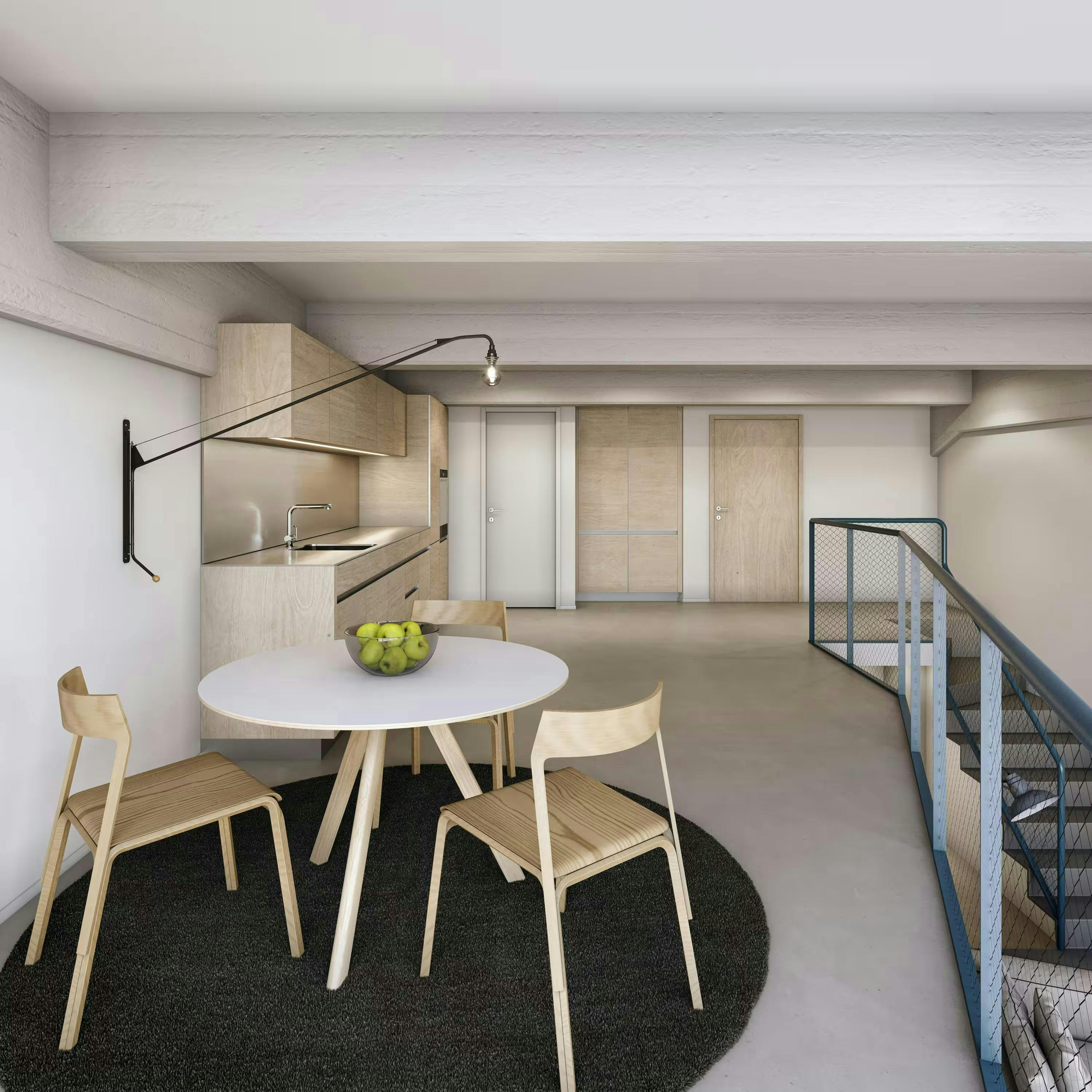 echt3D 3D-Visualisierung Portfolio Innenvisualisierung anspruchsvolles minimalistisches Wohnzimmer mit Küche