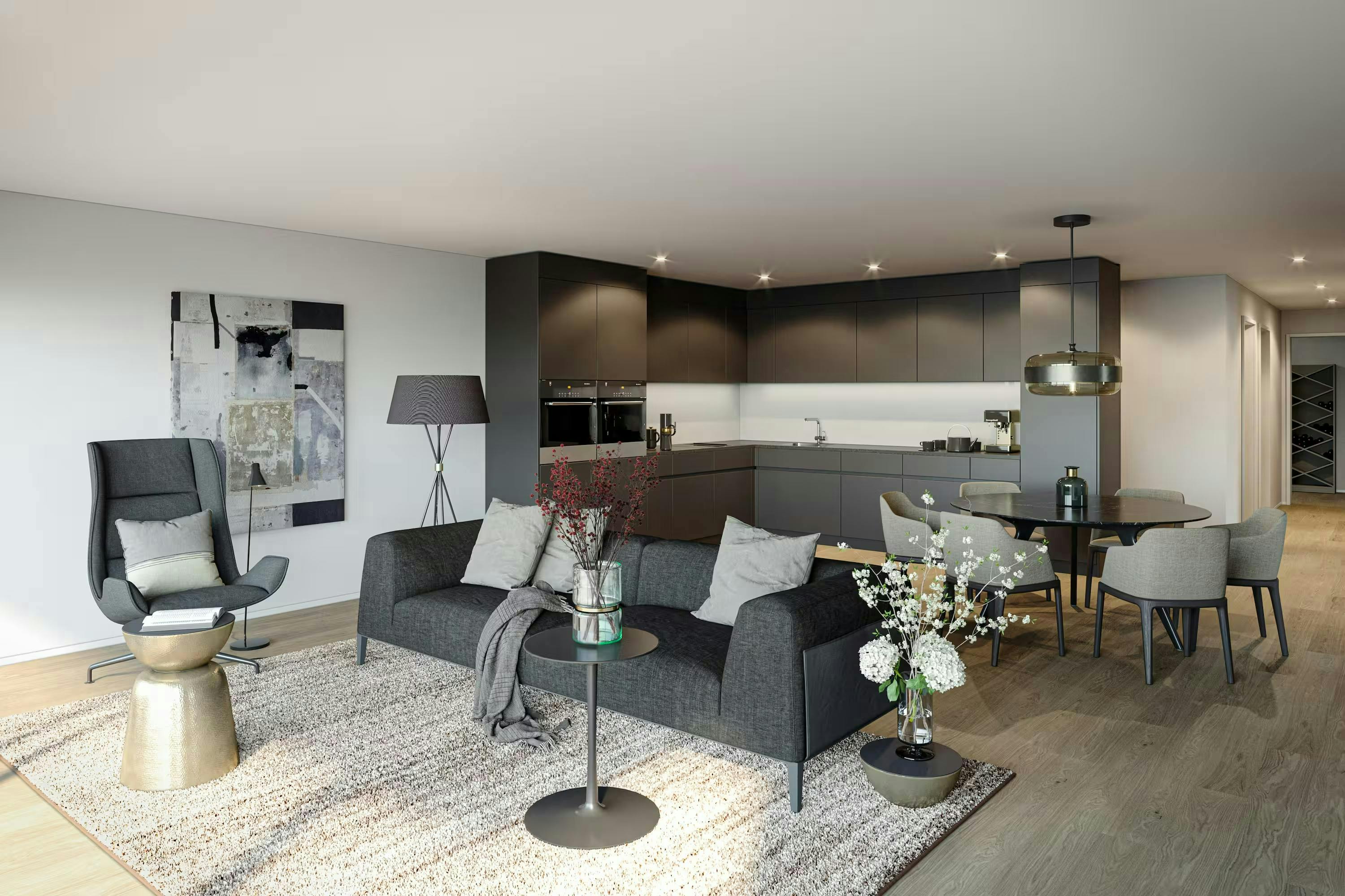 echt3D 3D-Visualisierung Portfolio Innenvisualisierung Wohnung Wohnzimmer Esszimmer Küche