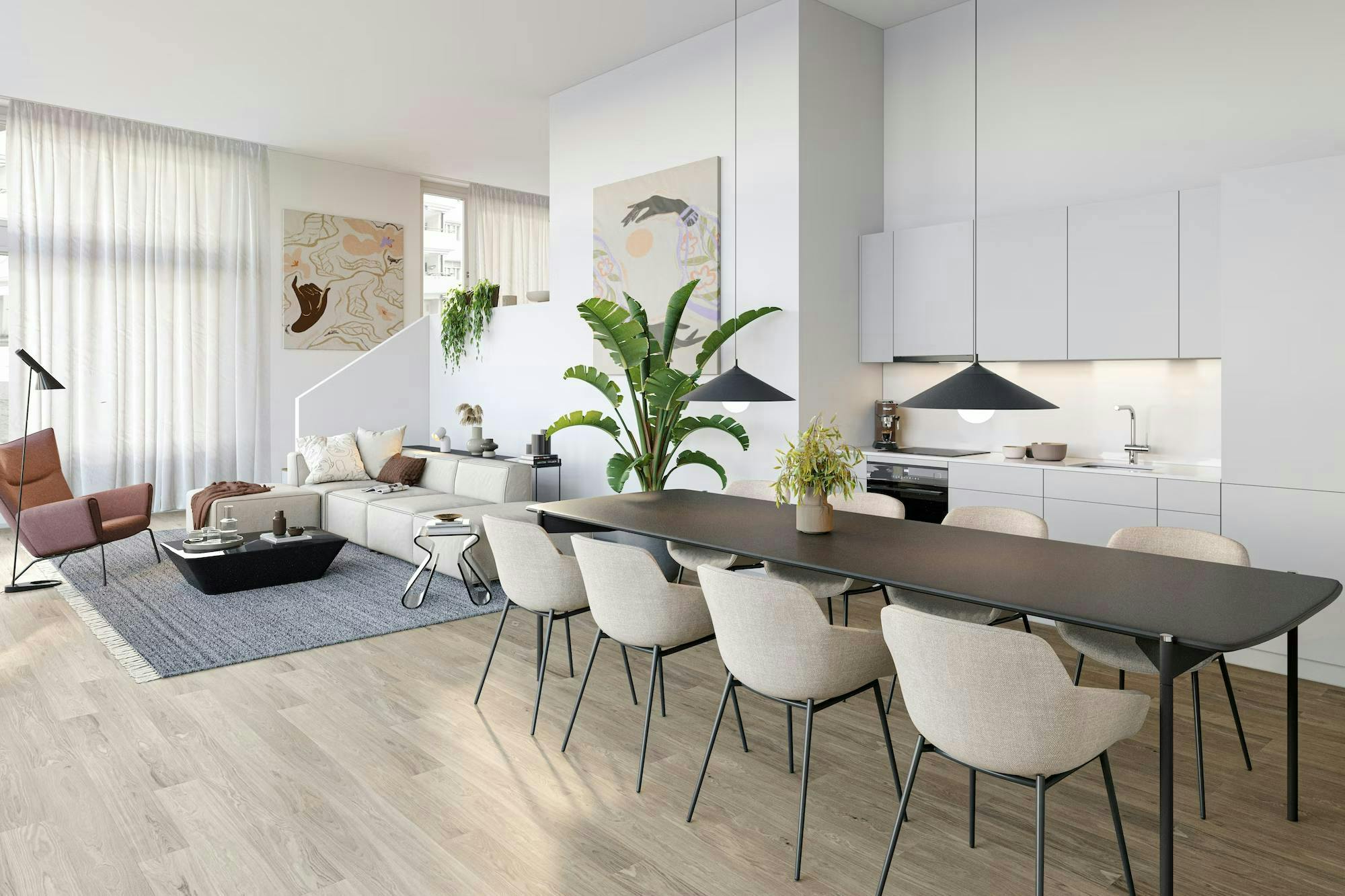 echt3D 3D-Visualisierung Portfolio Innenvisualisierung minimalistische Küche Wohnzimmer Esszimmer