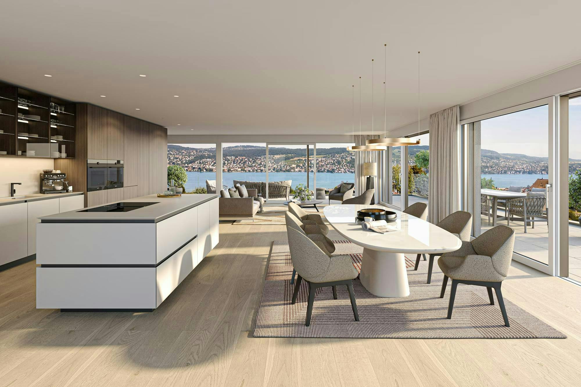 echt3D 3D-Visualisierung Portfolio elegante Küche Esszimmer Wohnzimmer mit Seeblick