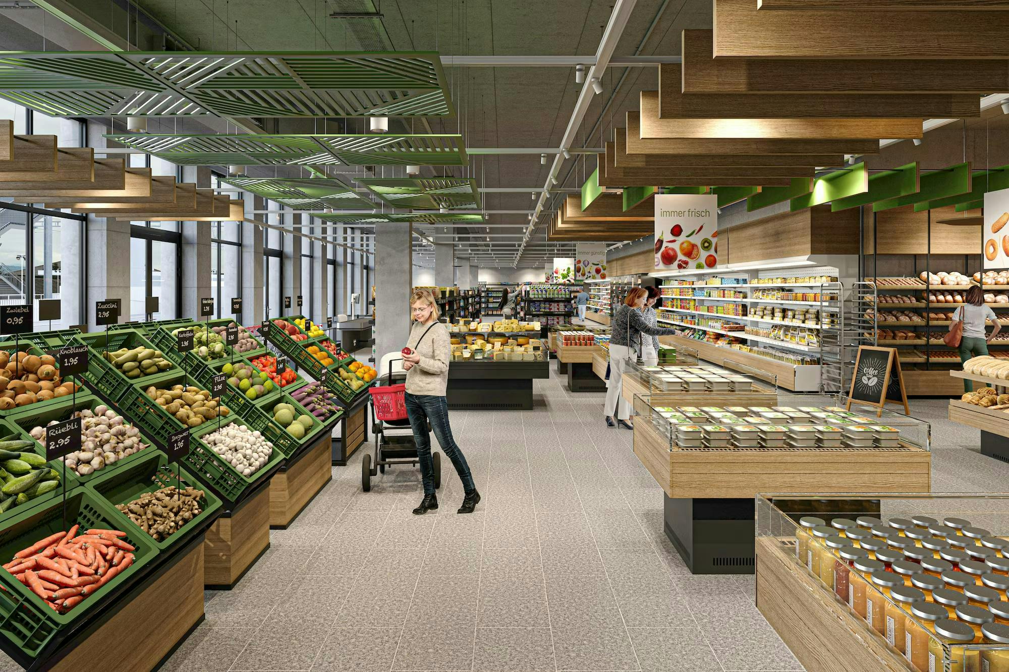 echt3D 3D-Visualisierung Portfolio natürlicher heller Supermarkt mit frischen Lebensmittel