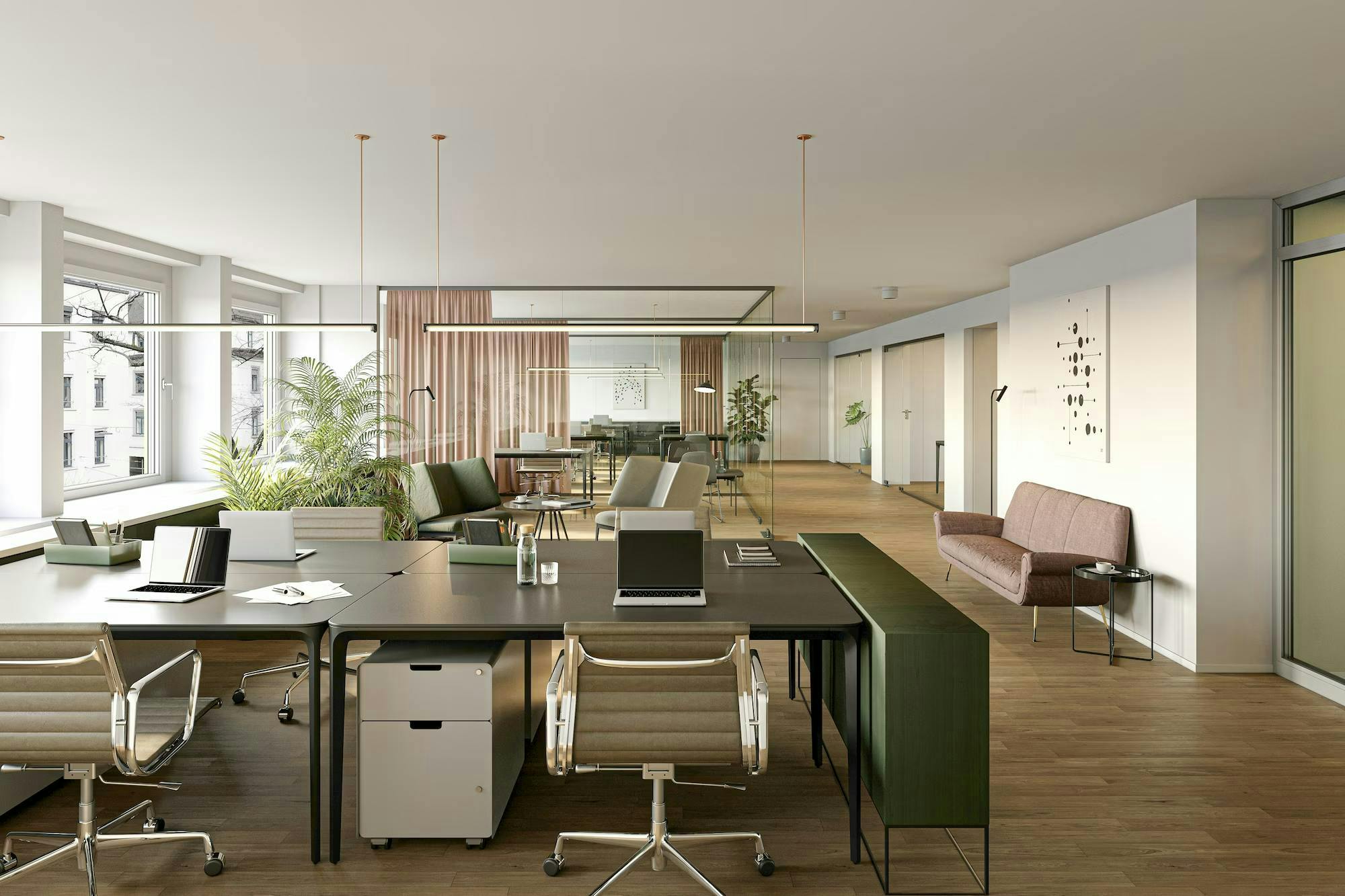echt3D 3D-Visualisierung Portfolio stilvolles Büro mit modernen Möbel Holzboden